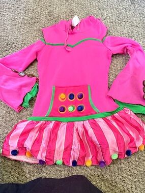 Girls' Bright Pink Hooded Pom-Pom Costume Dress with Green Trim